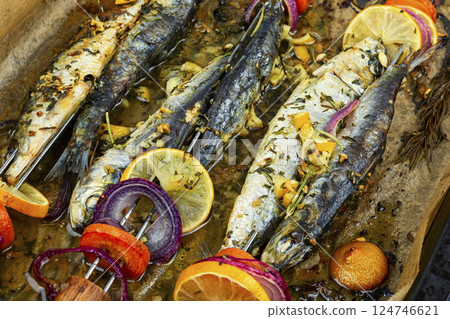 Baked sardines skewers. Baked sardines skewers. 124746621