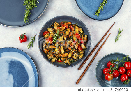 Cooked tasty mussels. Cooked tasty mussels. 124746630