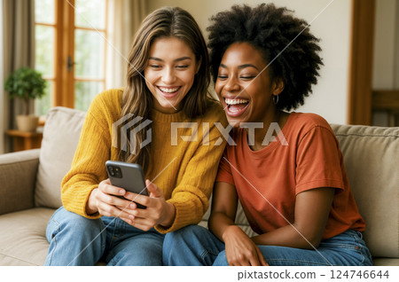 Happy young women smiling while watching video on smartphone. AI generated 124746644