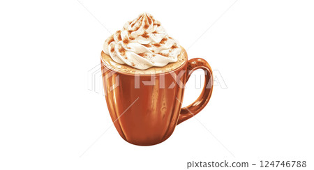 Creamy Pumpkin Spice Latte In Orange Mug. Autumn Beverage With Whipped Cream And Cinnamon Isolated On Transparent Background Creamy Pumpkin Spice Latte In Orange Mug. Autumn Beverage With Whipped Cream And Cinnamon Isolated On Transparent Background 124746788
