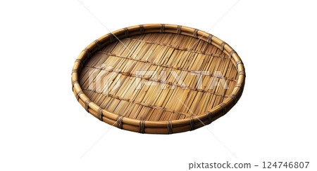 Round Bamboo Basket Tray. Traditional Craftsmanship And Eco-Friendly Design Isolated On Transparent Background 124746807
