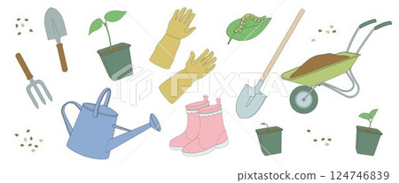 gardening tools and plants, protective gloves, wheelbarrow, watering can, Hand garden trowel, Hand garden fork gardening tools and plants, protective gloves, wheelbarrow, watering can, Hand garden trowel, Hand garden fork 124746839