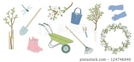 set tools and elements about gardening, protective gloves, shovel, rake, pair of rubber boots, blooming apple tree 124746840
