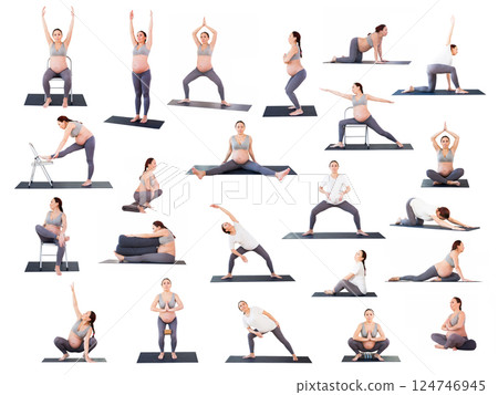 Pregnant woman is engaged in yoga. Butterfly Pose or Baddha Konasana 124746945