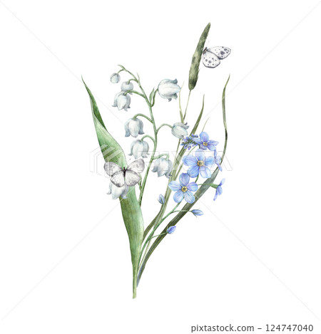 Green grass, blue forget-me-nots, white lilies of the valley and butterflies. Elegant botanical illustration on a spring theme. For branding and packaging, flower shops and weddings, eco-products. Green grass, blue forget-me-nots, white lilies of the valley and butterflies. Elegant botanical illustration on a spring theme. For branding and packaging, flower shops and weddings, eco-products. 124747040