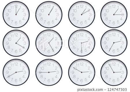 A set of twelve round wall clocks with dark brown frames and white faces showing 5-minute time intervals from 01:00 or 13:00 to 01:55 or 13:55. Clean white background, ideal for time, schedule, and 124747303