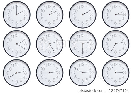 A set of twelve round wall clocks with dark brown frames and white faces showing 5-minute time intervals from 02:00 or 14:00 to 02:55 or 14:55. Clean white background, ideal for time, schedule, and 124747304