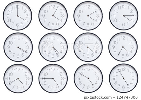 A set of twelve round wall clocks with dark brown frames and white faces showing 5-minute time intervals from 04:00 or 16:00 to 04:55 or 16:55. Clean white background, ideal for time, schedule, and A set of twelve round wall clocks with dark brown frames and white faces showing 5-minute time intervals from 04:00 or 16:00 to 04:55 or 16:55. Clean white background, ideal for time, schedule, and 124747306
