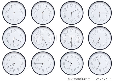A set of twelve round wall clocks with dark brown frames and white faces showing 5-minute time intervals from 06:00 or 18:00 to 06:55 or 18:55. Clean white background, ideal for time, schedule, and 124747308