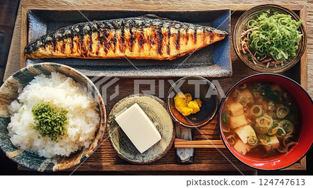 Grilled fish and rice Japanese breakfast set 124747613