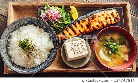 Grilled fish and rice Japanese breakfast set 124747614