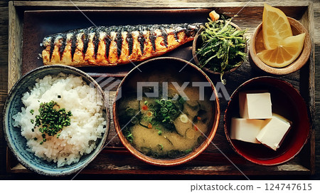 Grilled fish and rice Japanese breakfast set 124747615