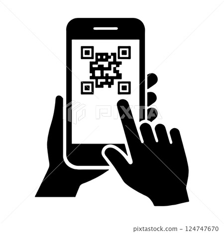 Silhouette illustration of a hand touching a smartphone screen with a QR code displayed on it, cut out on a transparent background 124747670