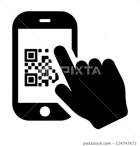 Silhouette illustration of a hand touching a smartphone screen with a QR code displayed on it, cut out on a transparent background 124747672