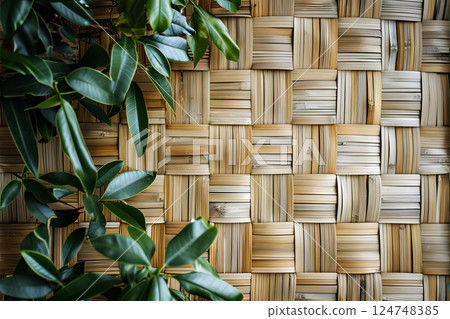 wicker bamboo wall background with green leaves wicker bamboo wall background with green leaves 124748385