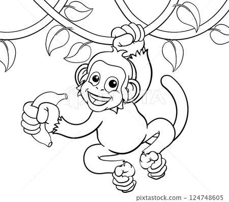 Monkey Singing On Jungle Vines With Banana Cartoon Monkey Singing On Jungle Vines With Banana Cartoon 124748605