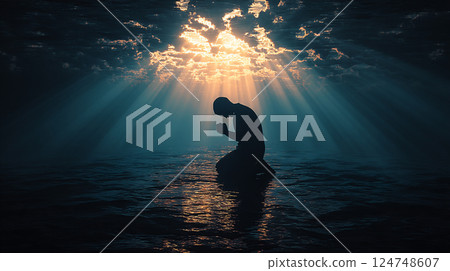 Silhouette of a praying person and holy light 124748607