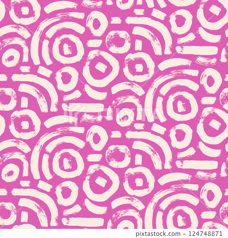 Circular lines brush seamless pattern. Paint stroke endless background. Abstract pink and beige curved shapes textured repeat Surface pattern design geometric motif. Vector hand drawn illustration Circular lines brush seamless pattern. Paint stroke endless background. Abstract pink and beige curved shapes textured repeat Surface pattern design geometric motif. Vector hand drawn illustration 124748871