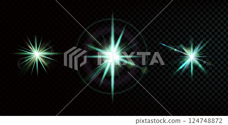Glint flare light effect. Glow green stars set with circular reflection on dark background. Vector gleam sparkles collection. Night flickering and twinkles with beams and bright highlights Glint flare light effect. Glow green stars set with circular reflection on dark background. Vector gleam sparkles collection. Night flickering and twinkles with beams and bright highlights 124748872