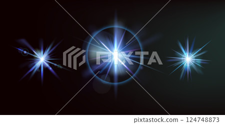 Blue highlights on a dark background. Glowing stars effect. Set of sparkling blinks with circular reflection. Vector collection of bling sequins. Night shimmer and twinkle with bright beams Blue highlights on a dark background. Glowing stars effect. Set of sparkling blinks with circular reflection. Vector collection of bling sequins. Night shimmer and twinkle with bright beams 124748873