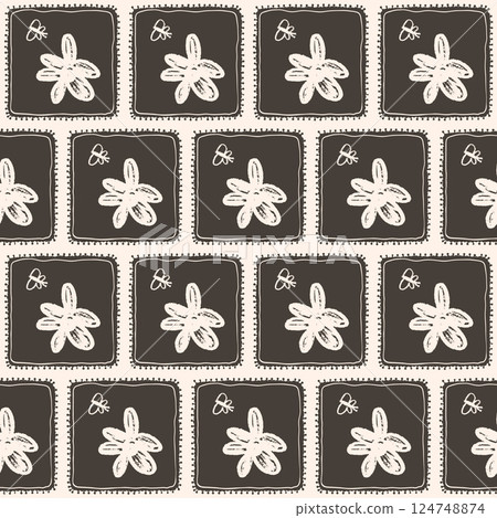 Daisy flowers seamless pattern. Linocut block print floral stencil on vintage frames allover background. Rectangle marker drawn repeat cover. Vector hand drawn monochrome spring motif Daisy flowers seamless pattern. Linocut block print floral stencil on vintage frames allover background. Rectangle marker drawn repeat cover. Vector hand drawn monochrome spring motif 124748874