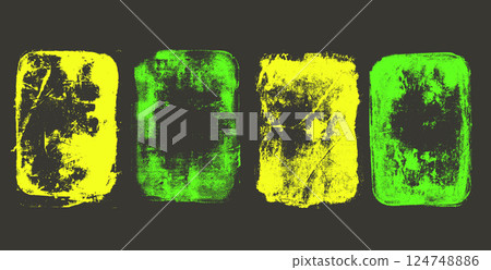 Grunge highlights paint urban square swatches set. Messy yellow and green rectangles frames. Linocut rolled paint black tag. Vector handmade brayer stamp smudged texture. Rough decorative borders 124748886