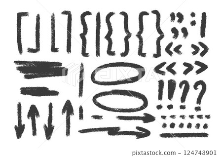 Check marks, arrow emphasis doodle set. Charcoal underlines, quotation marks, brackets and signs. Scribble sketch pencil emphasis note highlights. Vector hand drawn illustration on white background 124748901