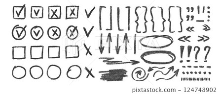 Check marks, arrow doodle set. Crayon underlines, quotation marks, brackets and signs. Scribble sketch pencil emphasis note highlights. Vector hand drawn illustration isolated on white background 124748902