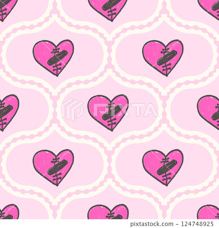 Broken heart damask seamless pattern. Coquette ogee marker endless background. Crayon scallop border love continuous ornament. Surface pattern girly motif. Vector hand drawn illustration Broken heart damask seamless pattern. Coquette ogee marker endless background. Crayon scallop border love continuous ornament. Surface pattern girly motif. Vector hand drawn illustration 124748925