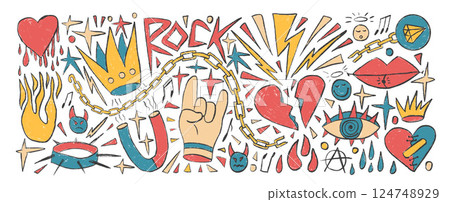 Rock and roll girly crayon drawn set. Punk coquette breaking heart doodle background. Scribble grunge poster elements. Heart, crown and sketch graffiti color art. Vector illustration by pencil 124748929