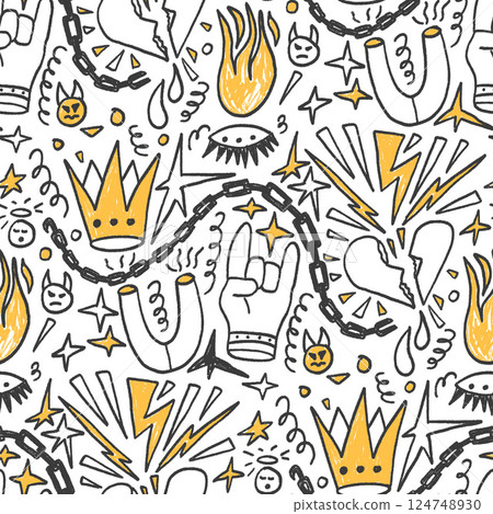 Crayon girly punk rock seamless pattern. Graffiti doodle marker endless background. Naive scribble hors, fire, crown repeat cover. Vector hand drawn black and yellow illustration 124748930