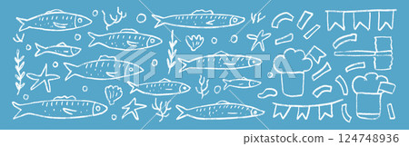 Fishes line doodle set. Santos Populares festival. Sardines hand drawn scribble. School of fish with algae, manjerico, party elements . Vector illustration. Crayon or chalk naive underwater life 124748936