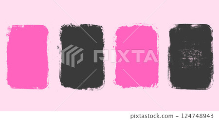 Set of grunge text boxes. Callout rectangles shapes. Linocut rolled ink black and pink tag sample. Handmade vector stamp with torn texture. Rough paint decorative uneven framework Set of grunge text boxes. Callout rectangles shapes. Linocut rolled ink black and pink tag sample. Handmade vector stamp with torn texture. Rough paint decorative uneven framework 124748943