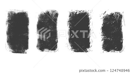 Ink grunge text boxes set. Callouts rectangles frames. Linocut rolled paint black tag. Vector handmade brayer stamp smudged texture. Rough paint decorative irregular border. 124748946