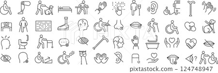 Vector monochrome line icon set about disability 124748947