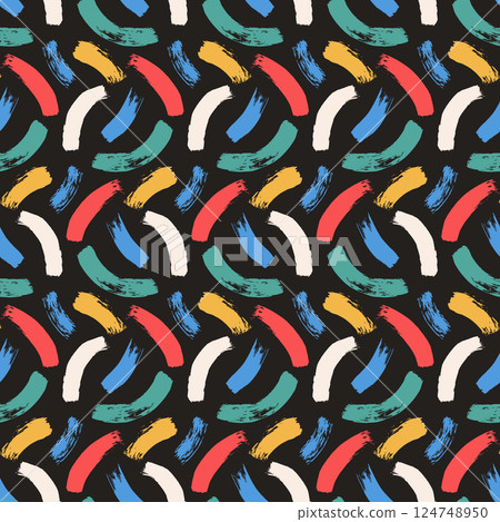 Brush paint curved lines seamless pattern. Bold stroke shapes endless background. Abstract repeat cover. Grunge arc continuous ornament. Vector hand drawn surface pattern design scribble motif 124748950