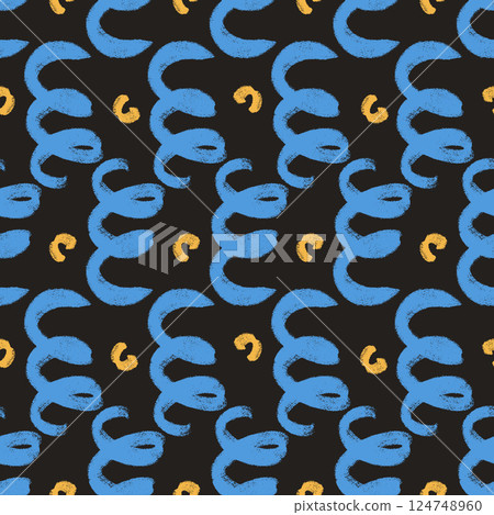 Curve lines holiday seamless pattern. Geometric party endless background. Fun confetti repeat cover. Surface pattern design festive motif. Vector hand drawn blue and yellow squiggles illustration Curve lines holiday seamless pattern. Geometric party endless background. Fun confetti repeat cover. Surface pattern design festive motif. Vector hand drawn blue and yellow squiggles illustration 124748960