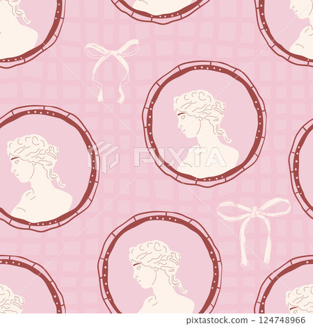 Antique Roman Statues seamless pattern. Greek face sculpture on picture frame endless aop background. Rococo repeat coquette cover. Surface pattern vintage motif. Vector hand drawn illustration 124748966