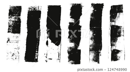 Straight thick grunge underlines. Linocut rolled brush stroke set. Handmade ink rectangle rough stamps. Vector black paint lines shapes. Dry marker or brayer smear textures. Distressed figures 124748990