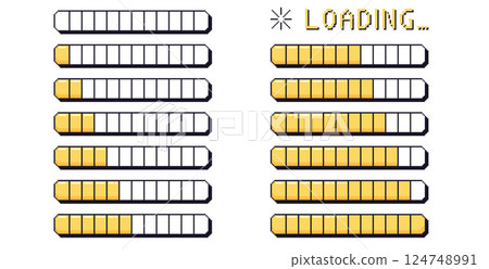 Pixel art loading bar interface. 8 bit game progress button elements set and text. Waiting signs in retro 80s style. Vector illustration isolated on white background 124748991
