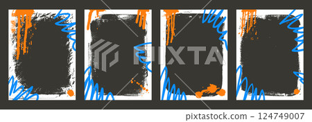 Grunge white blank sticker set. Frame creative templates with graffiti art. Mockup backgrounds for photo and text. Border box with airbrush lines. Vector banner overlay frameworks with retro texture 124749007