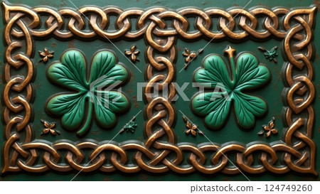 Celtic ornament with clover and gold pattern 124749260