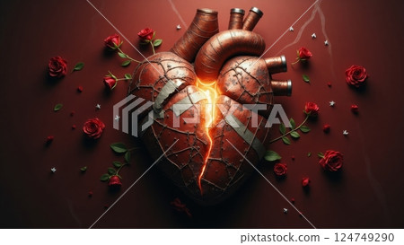 Broken Heart of Steel with Fiery Crack 124749290