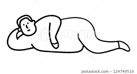 簡單的黑色手繪線描插圖,描繪了一個胖子以邋遢的姿勢躺著,在透明的背景上被剪下來 簡單的黑色手繪線描插圖,描繪了一個胖子以邋遢的姿勢躺著,在透明的背景上被剪下來 124749510