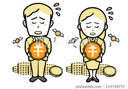 Young man and woman in suits sad about losing money Young man and woman in suits sad about losing money 124749757