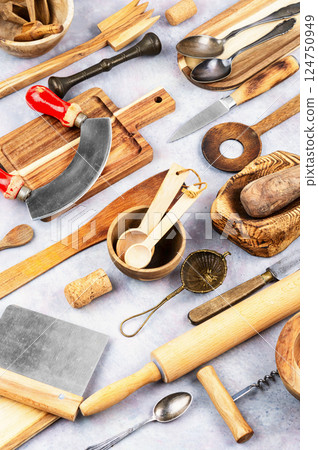 Various wooden utensils. 124750949