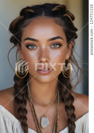 beautiful young woman girl with braids, freckles and jewelry 124751158