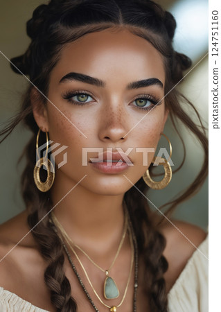 beautiful young woman girl with braids, freckles and jewelry beautiful young woman girl with braids, freckles and jewelry 124751160