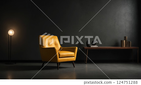 yellow leather armchair against muted gray walls in dark room 124751288