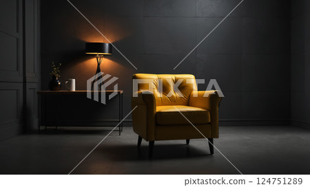 yellow leather armchair against muted gray walls in dark room 124751289